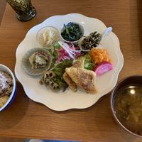 Ateate lunch plate with half brown half black rice and veggie soup at Oteate in Nagoya