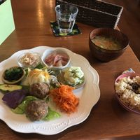 Tasty lunch set- veggie plate, soup, brown rice and tea (not in pic)  at Oteate in Nagoya