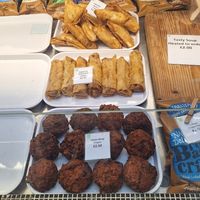 Spring Rolls, Samosas, and Onion Bhajis (loved them) at The Guildhall Deli in Bath