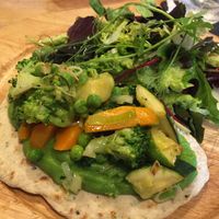 Flatbread with pea purée and veggies.  at Brea in Stirling