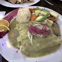 Zucchini enchiladas in zucchini sauce with a side of zucchini at El Zarape Malecón  in La Paz