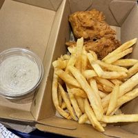 Strips and chips and ranch sauce at Temple of Seitan - Camden in North West London