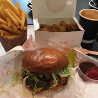 Temple deluxe, coffee, fries and pop corn bites at Temple of Seitan - Camden in North West London