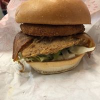 Limited edition tower burger - chicken burger plus a mozzarella patty on top! at Temple of Seitan - Camden in North West London