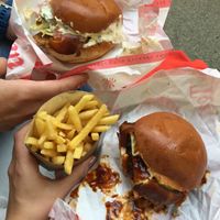 Temple Burger and Temple Deluxe, with fries at Temple of Seitan - Camden in North West London