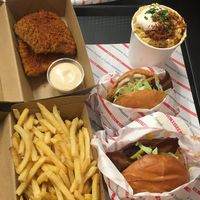 Temple burger + temple deluxe + twist wrap + two piece hot + Mac and cheese + fries at Temple of Seitan - Camden in North West London