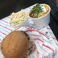 Vegan burger, coleslaw and mac & cheese at Temple of Seitan - Camden in North West London