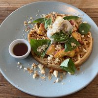 Peachy Keen (vegan sourdough waffle with peach, basil, crumbled macadamia, vegan ice cream and maple syrup) at Small Graces in Footscray