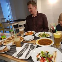Mushroom soup, Greek salad, Margherita pizza, penne pasta, schnitzel with fries, curcuma latte and fresh apple juice :) at Fresh Kitchen in Lublin