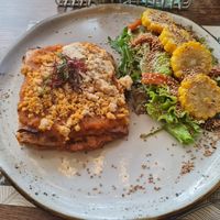 Vegan lasagna with almond cheese at Mascabado in Cali