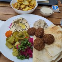 The falafel mezze and fried potatoes at Abi Falafel in Ljubljana