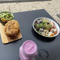 Tempeh Burger and Berry Smoothie  at Eight - The Health Lounge in Lisbon