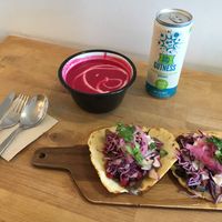 Soup of the day, much room tacos, kefir  at Eight - The Health Lounge in Lisbon
