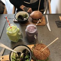 We both ordered burgers, one with tempeh and one with tofu. It comes with salad. Also the soup of the day which was pretty good both times I had a meal in this place.  at Eight - The Health Lounge in Lisbon