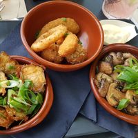 Fried aubergine/courgette in a bit of agave syrup, fried mixed bites, garlic mushrooms. at Gaudi's in Amersfoort