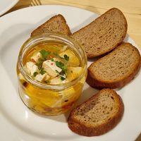 Pickled Tofu and bread at Střecha in Prague