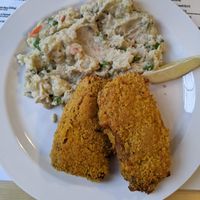 Soy schnitzels with potato salad - bland. at Střecha in Prague