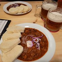 Beer goulash with dumblings at Střecha in Prague