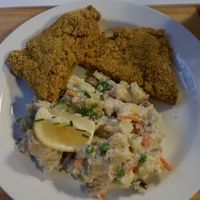 Schnitzels with potato salad at Střecha in Prague