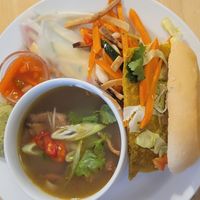 Vietnamese brunch with pho, banh mi, spring rolls, and a matcha cookie at Střecha in Prague