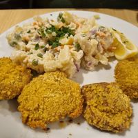 Schnitzel with potato salad at Střecha in Prague