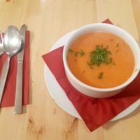 Vegetable soup for starter at Střecha in Prague