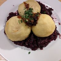 Stuffed dumplings & red cabbage at Střecha in Prague