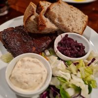 Seitan and black beans ribs, veg mayo, onion and bread at Střecha in Prague