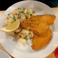 Schnitzel with potato salad  at Střecha in Prague