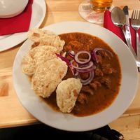 Gulasch with bread dumplings  at Střecha in Prague