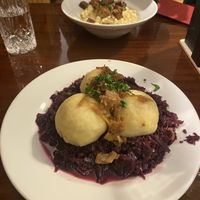 Dumplings filled with soy-meat (front) and Halušky (back)  at Střecha in Prague