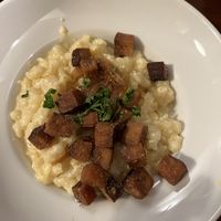 Halušky (a type of noodle) with vegan cheese and smoked tofu  at Střecha in Prague