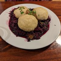 Dumplings on red cabbage at Střecha in Prague