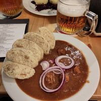 Super tasty dark beer goulash at Střecha in Prague