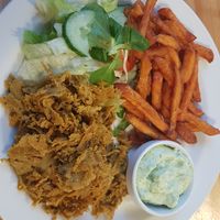 Kepab with sweet potato fries, salad and herb dip at Střecha in Prague