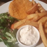Fried cheese with chips and mayo dip at Střecha in Prague