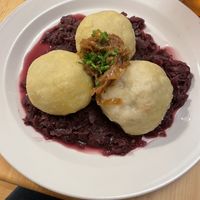 Dumplings on red cabbage   at Střecha in Prague