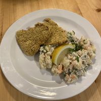 Schnitzels and potato salad   at Střecha in Prague