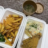 (Left) fried cheese with fries. (Right) schnitzel with mash. (Top) garlic soup    at Střecha in Prague