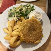 Fried cheese and fries  at Střecha in Prague