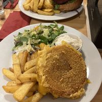 Fried cheese and burger  at Střecha in Prague