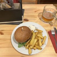 Chili Burger with Fries and Soyannaise  at Střecha in Prague