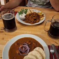 Kebab plate and beer goulash at Střecha in Prague