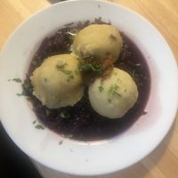 bread dumplings on red cabbage  at Střecha in Prague