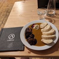Soy Sirloin in Creamy Vegetable Sauce with Dumplings at Střecha in Prague