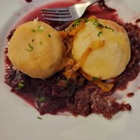 Dumplings on red cabbage at Střecha in Prague