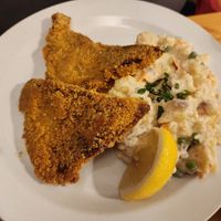Schnitzel with potato salad at Střecha in Prague