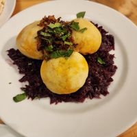 Dumplings over red cabbage at Střecha in Prague