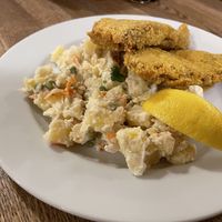 Schnitzel and potato salad  at Střecha in Prague