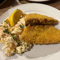Schnitzel with potato salad at Střecha in Prague